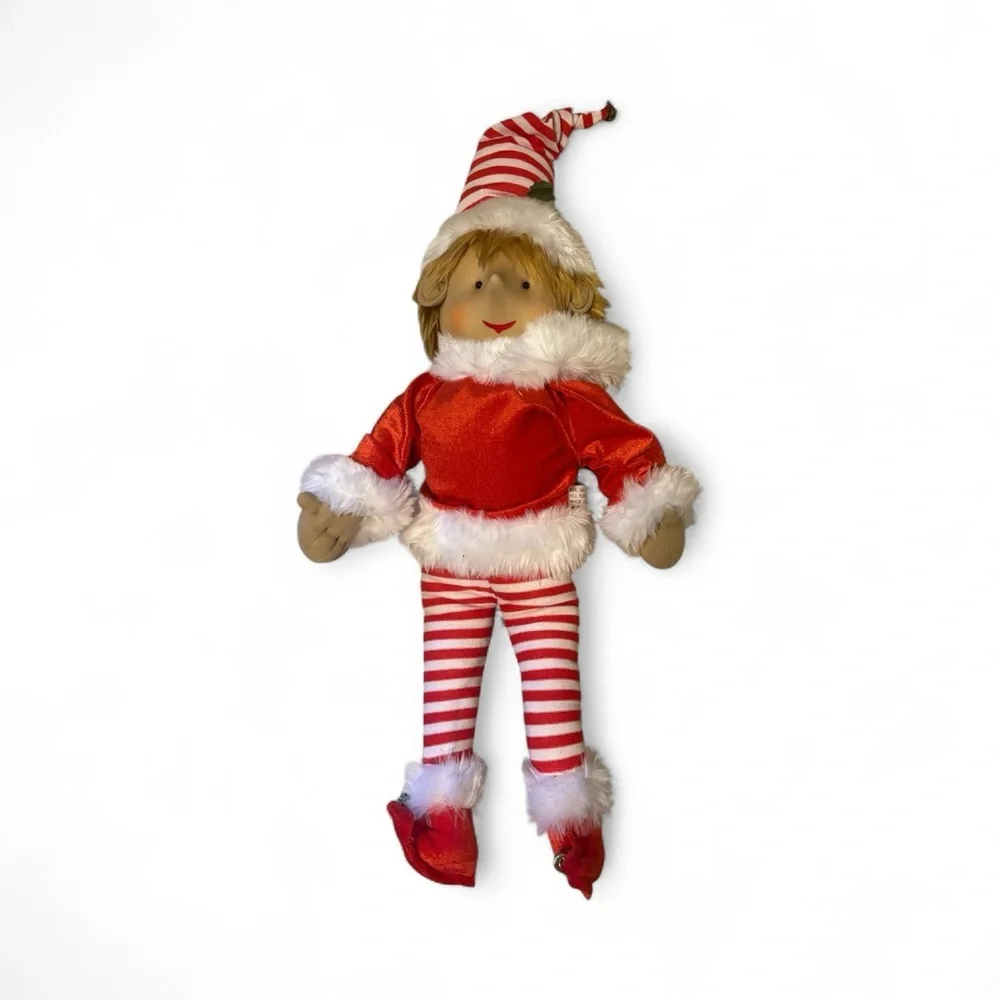 Festive Red Elf Christmas Doll with Striped Legs Posable in excellent condition